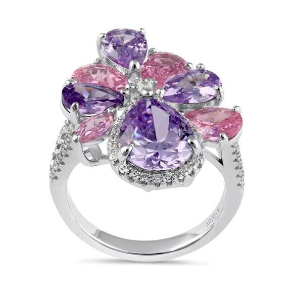 Sterling Silver Pink and Lavender CZ Cluster Ring New - Picture 3 of 4